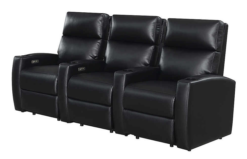 Left View: RowOne - Galaxy II:  Straight 4-Chair Row Leatheraire with Loveseat Power Recline Home Theater Seating - Black