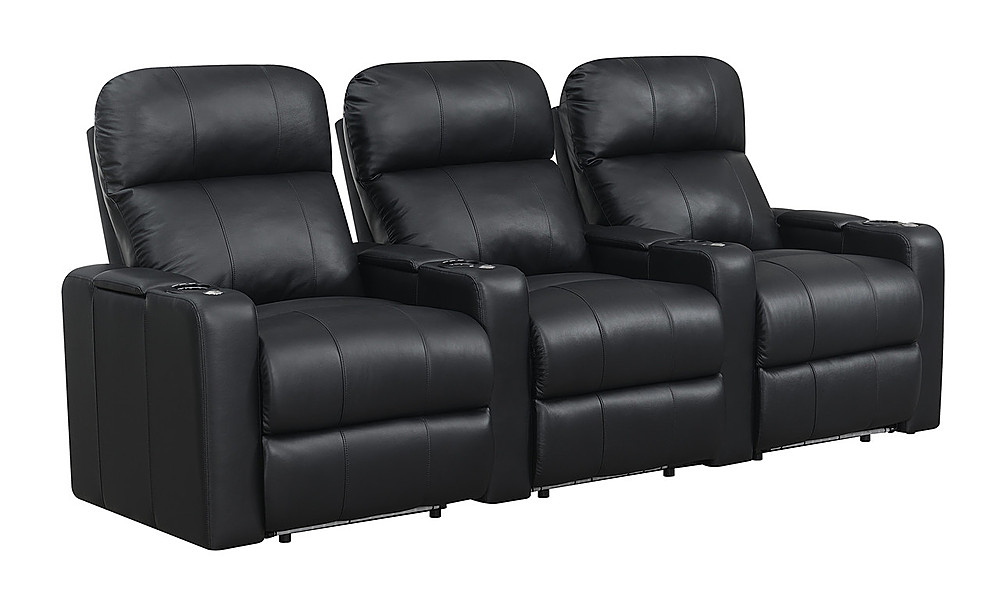 Left View: RowOne - Prestige Straight 3-Chair Leather Power Recline Home Theater Seating - Black