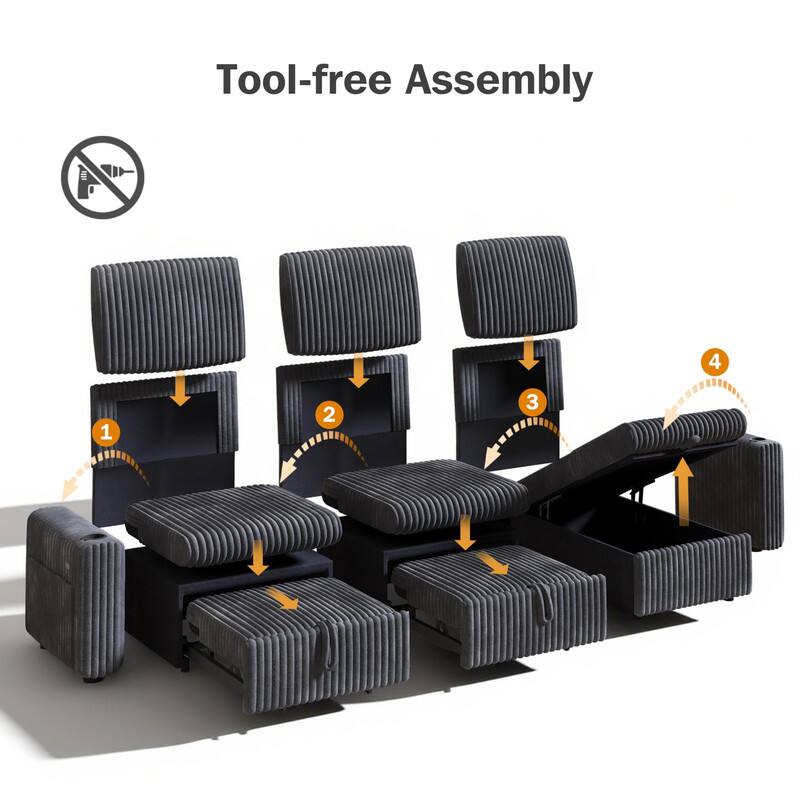 Tool-free Assembly

1. Place the seat cushion on the base.
2. Attach the backrest to the seat cushion.
3. Attach the headrest to the backrest.
4. Attach the armrests to the sides.