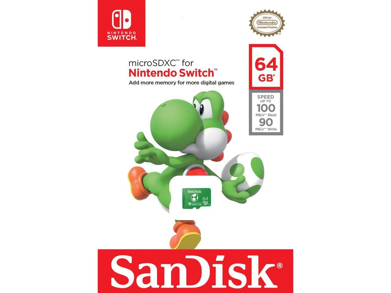 Official Nintendo Licensed Product  
Nintendo Switch  
microSDXC™ for Nintendo Switch™  
Add more memory for more digital games  

64 GB*  
SPEED UP TO 100 MB/s* Read  
90 MB/s* Write  

SanDisk