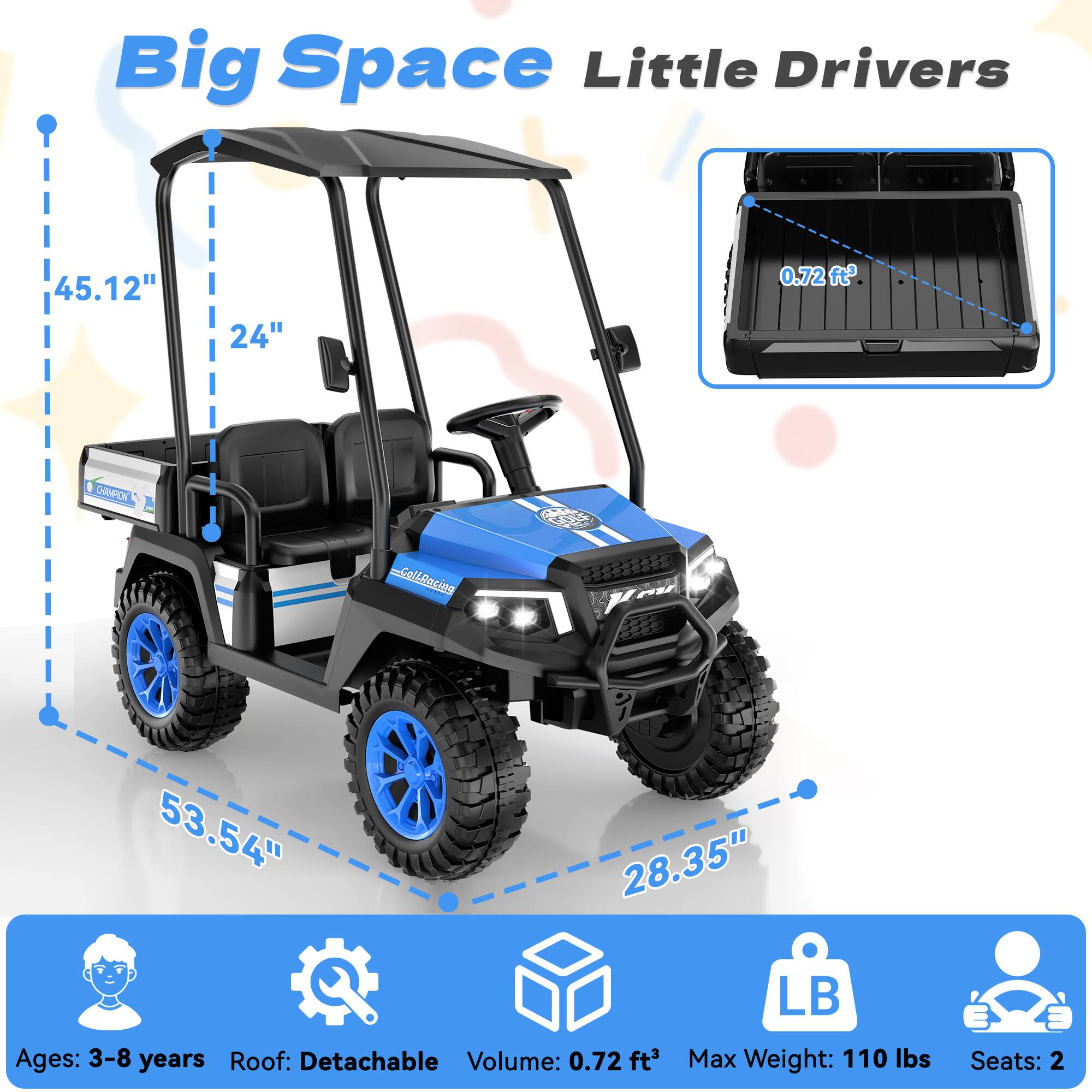 Big Space Little Drivers

45.12"  
24"  
0.72 ft³  
CHAMPION  
CollRacing THINK  

53.54" 28.35" LB  
Ages: 3-8 years  
Roof: Detachable  
Volume: 0.72 ft³  
Max Weight: 110 lbs  
Seats: 2