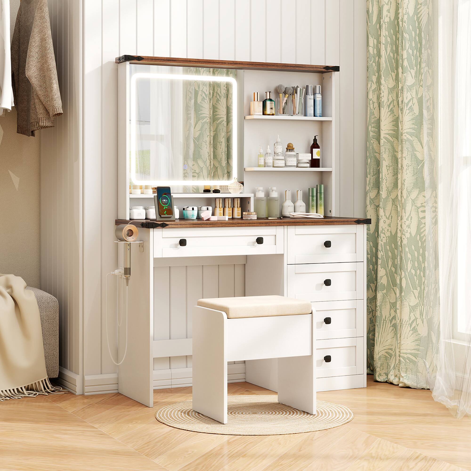 Alt View 1. Gymax - Gymax Farmhouse Vanity Set w/ Mirror and Lights Dressing Table & Chair Set - White, Dark Brown.