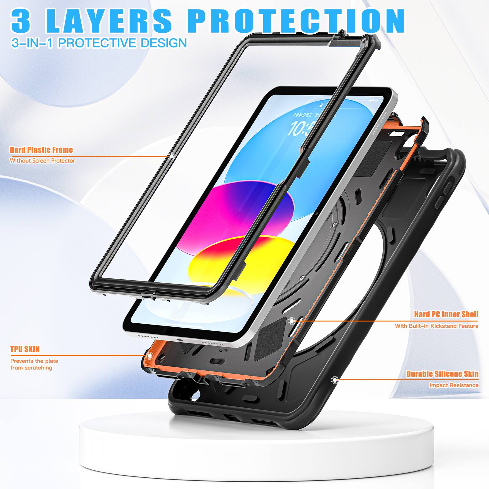3 LAYERS PROTECTION  
3-IN-1 PROTECTIVE DESIGN  

- Hard Plastic Frame  
  Without Screen Protector  

- Hard PC Inner Shell  
  With Built-In Kickstand Feature  

- TPU SKIN  
  Prevents the plate from scratching  

- Durable Silicone Skin  
  Impact Resistance