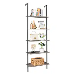 Winado - 24"L x 12"W x 71"H Tall 5 Tier Modern Bookshelf Wood Board Ladder Bookcase with Metal Frame Industrial Open Storage Unit - Gray