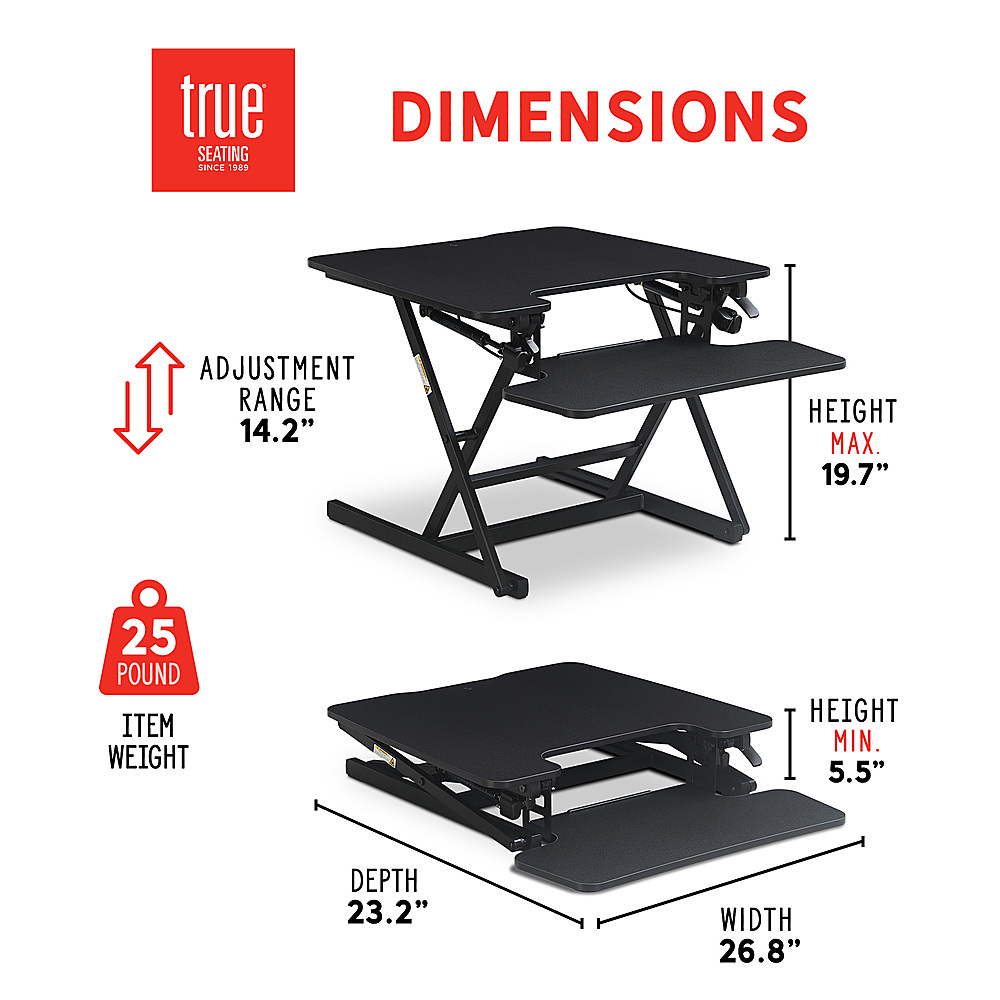 Angle View: True Seating - Ergo Height Adjustable Standing Desk Converter, Small - Black