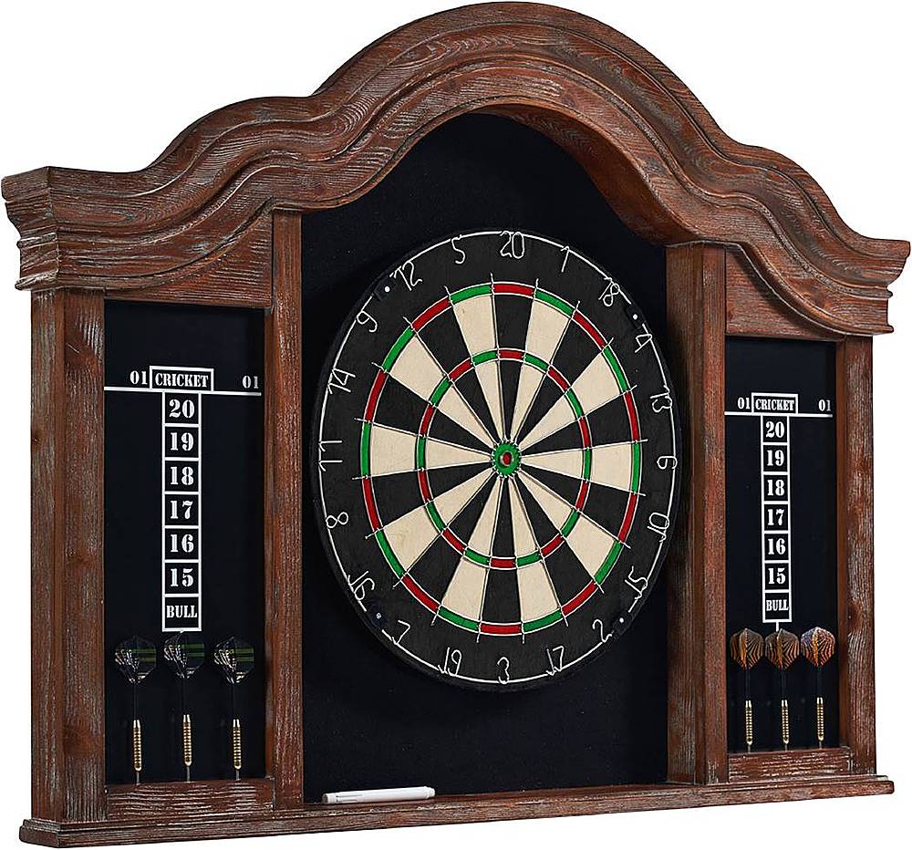 Angle View: NASCAR Dart Cabinet Set with Darts and Board - Black, White, Yellow, Red, Blue
