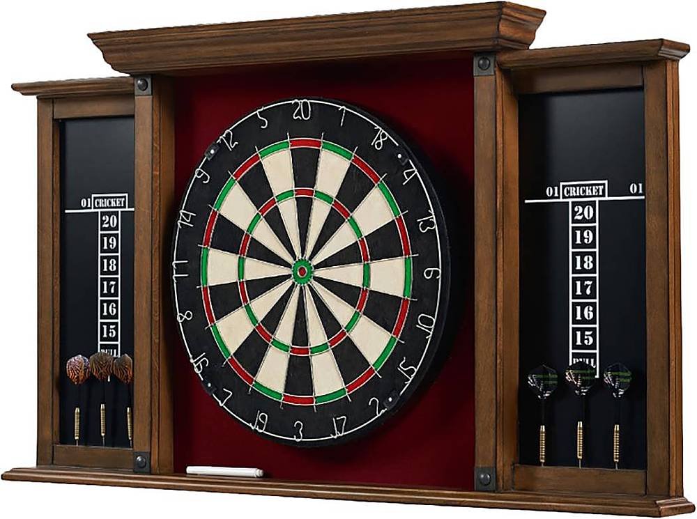 Left View: Thornton - Wood Dartboard LED Display Cabinet With 18” Bristle Dartboard and Steel Tip Dart Set - Black/Brown