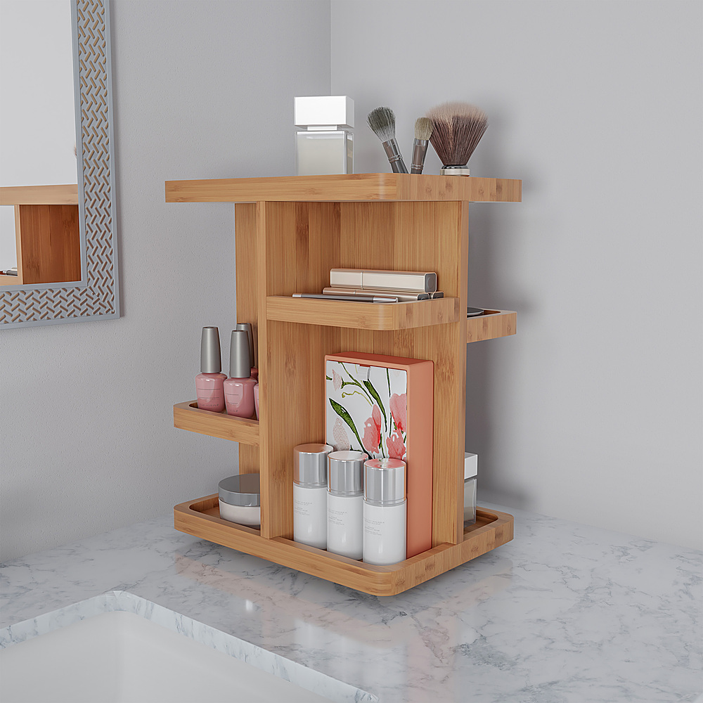 Hastings Home - Makeup Organizer – Rotating Eco-Friendly Compact Modern Bamboo Skincare Cosmetic and Vanity Carousel - Bamboo
