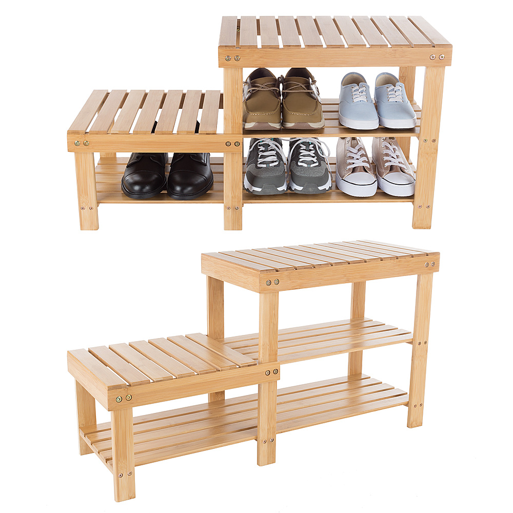 Hastings Home - Bamboo Shoe Rack Bench with 2 Tiers of Shelves and 2 Seat Heights-Seat Storage and Organization - Bamboo