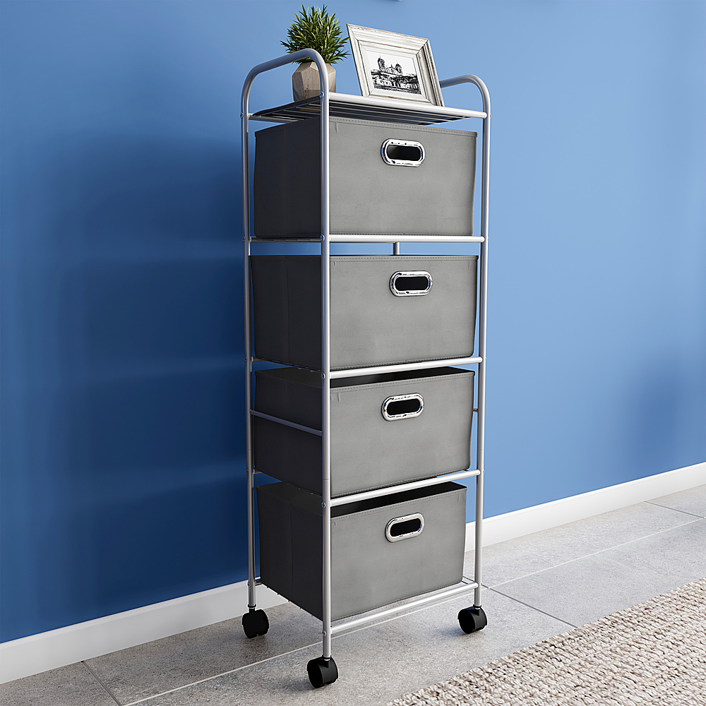  Hastings Home - 4 Drawer Rolling Storage Cart on Wheels– Portable Metal Storage Organizer with Fabric Bins - Gray and Silver