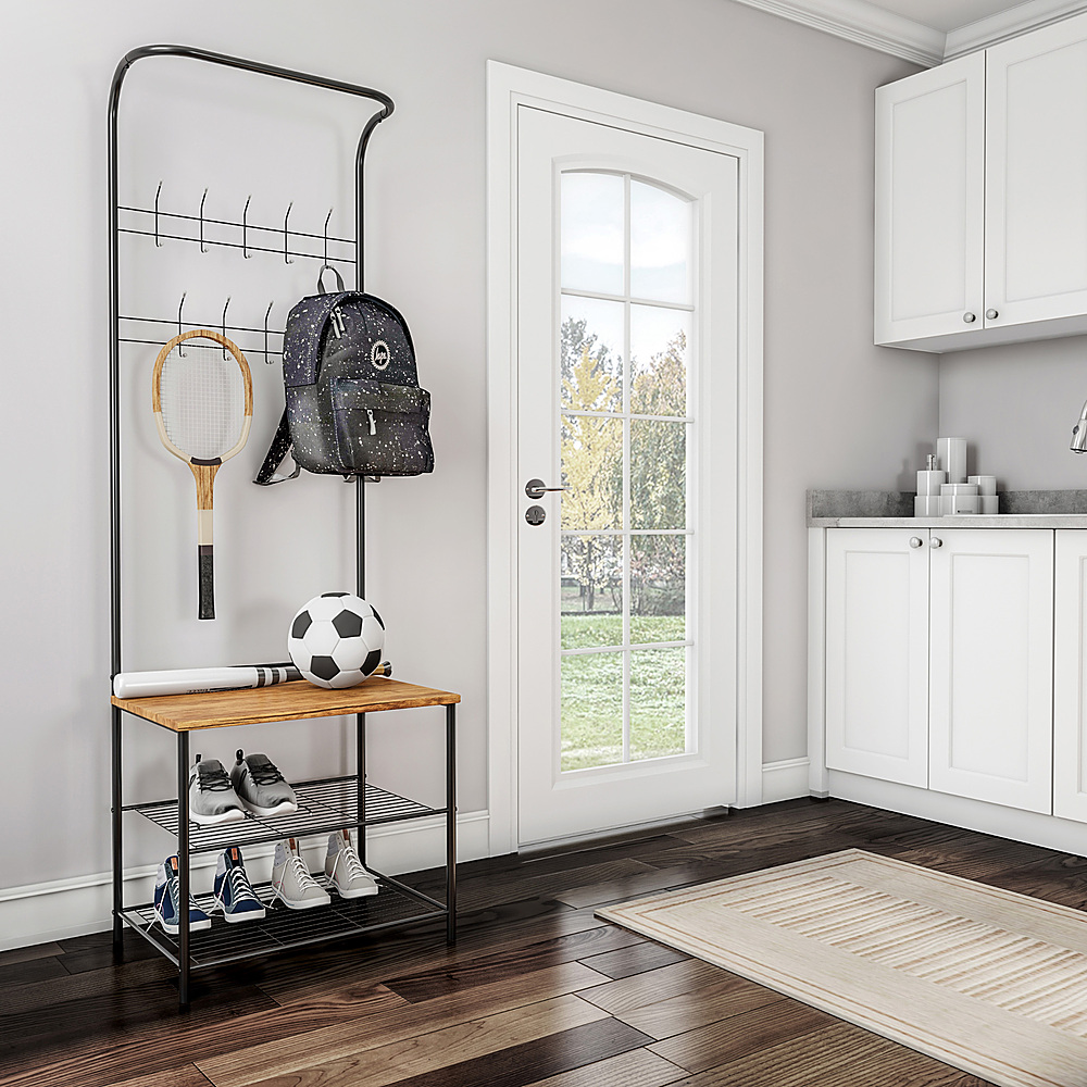 Zoom in on Alt View Zoom 11. Hastings Home - Entryway Storage Rack- Metal Hall Tree with Bench, Coat Hooks & Shoe Storage- Rustic Farmhouse Design Mudroom Furniture - Black and Bamboo.