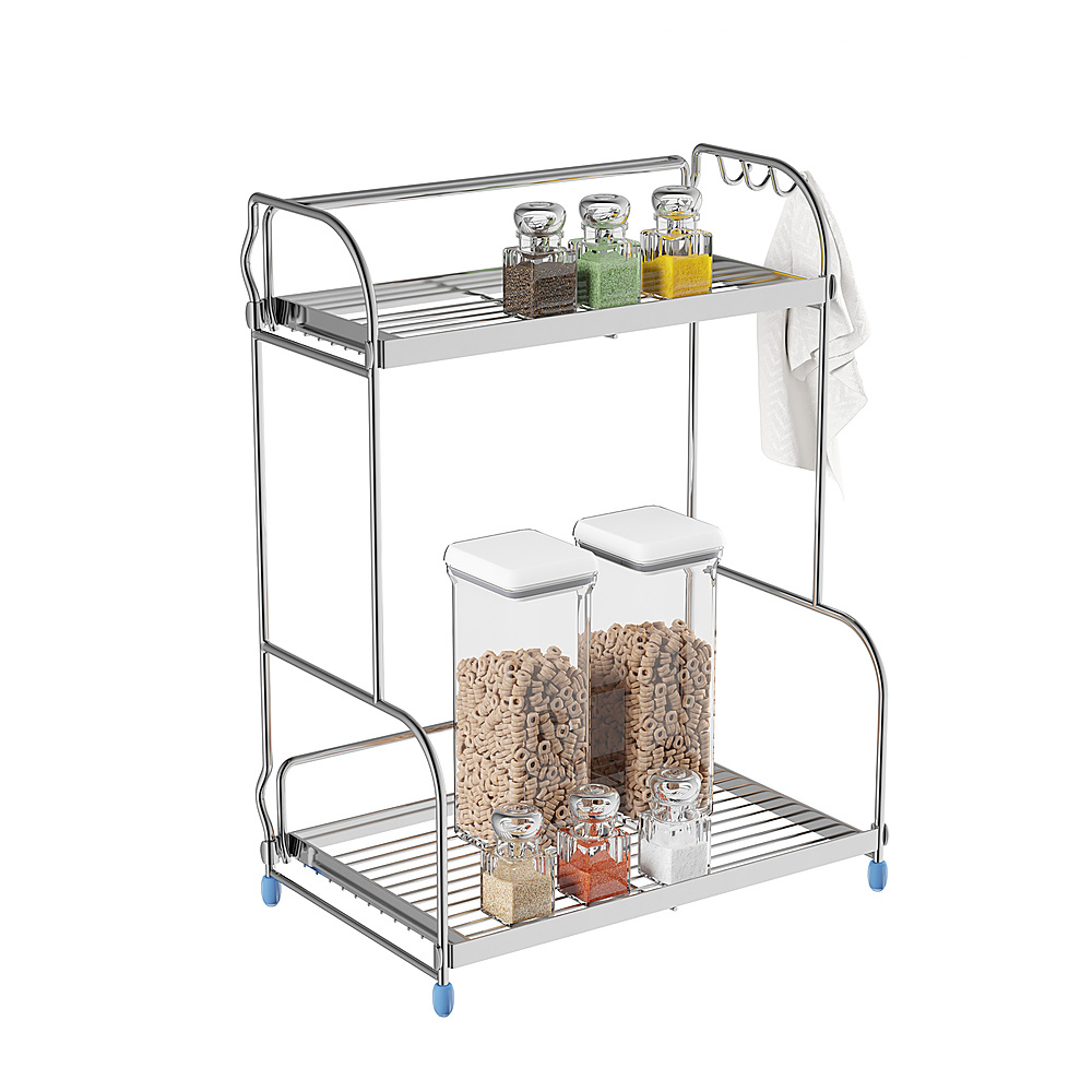 Hastings Home - Kitchen Rack-2-Tiered Countertop Storage Shelves with 3 Side Hooks-Free Standing Organizer - Chrome