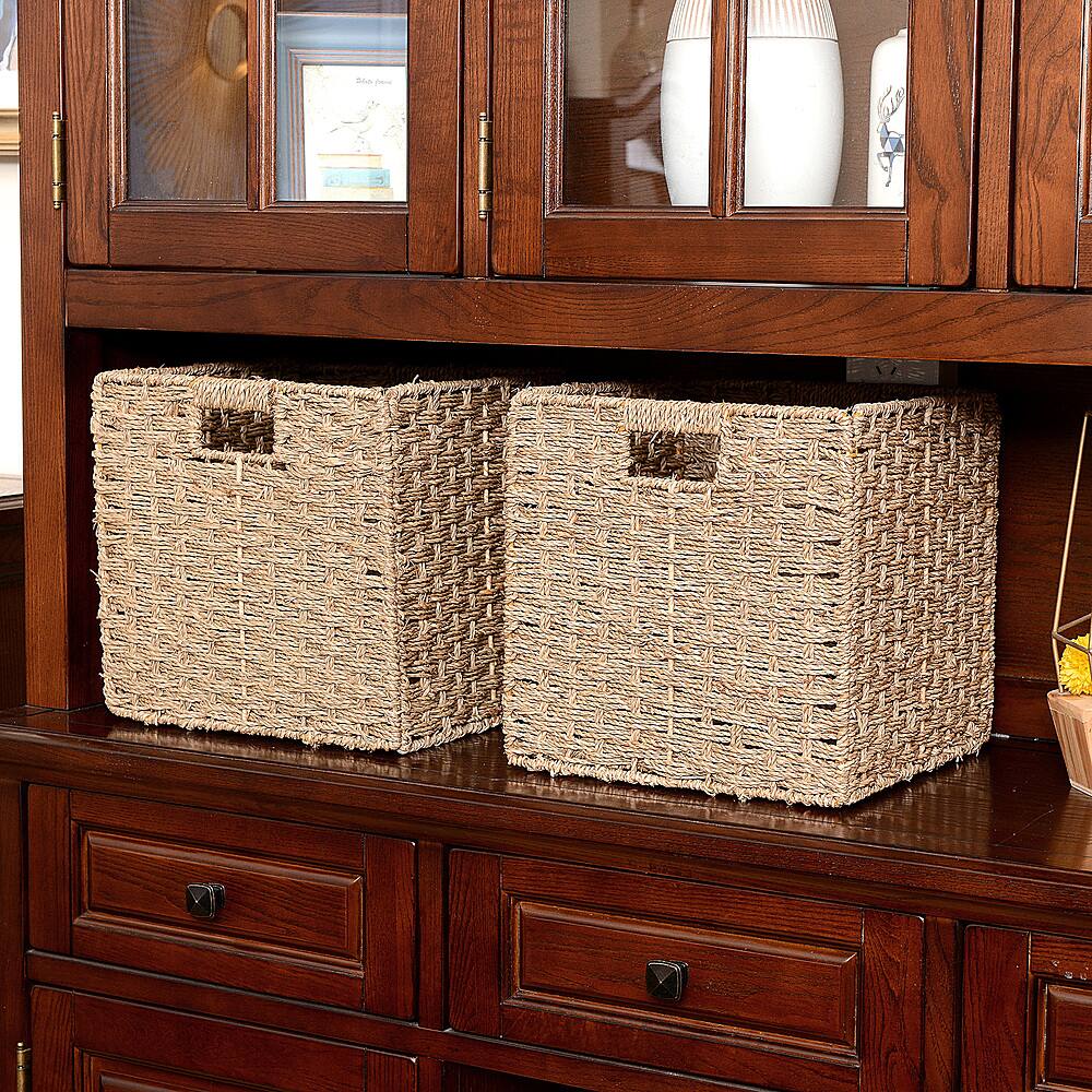 Alt View 15. Hastings Home - Hastings Home 12-Inch Square Hand Weaved Wicker Storage Bin, Foldable Baskets made of Water Hyacinth | Set of 2 - Natural.