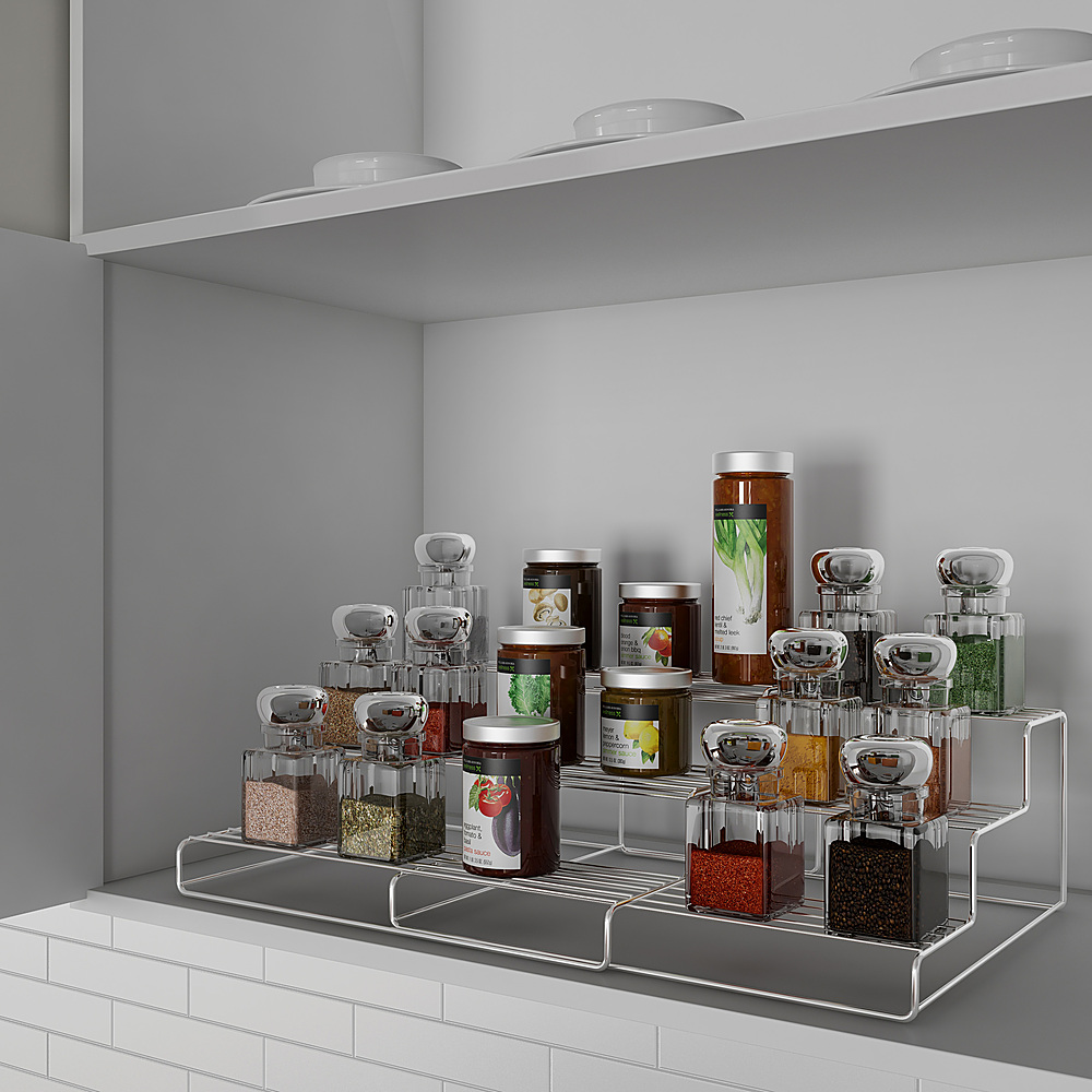 Hastings Home - Spice Rack-Adjustable, Expandable 3 Tier Organizer for Counter, Cabinet, Pantry-Storage Shelves - White