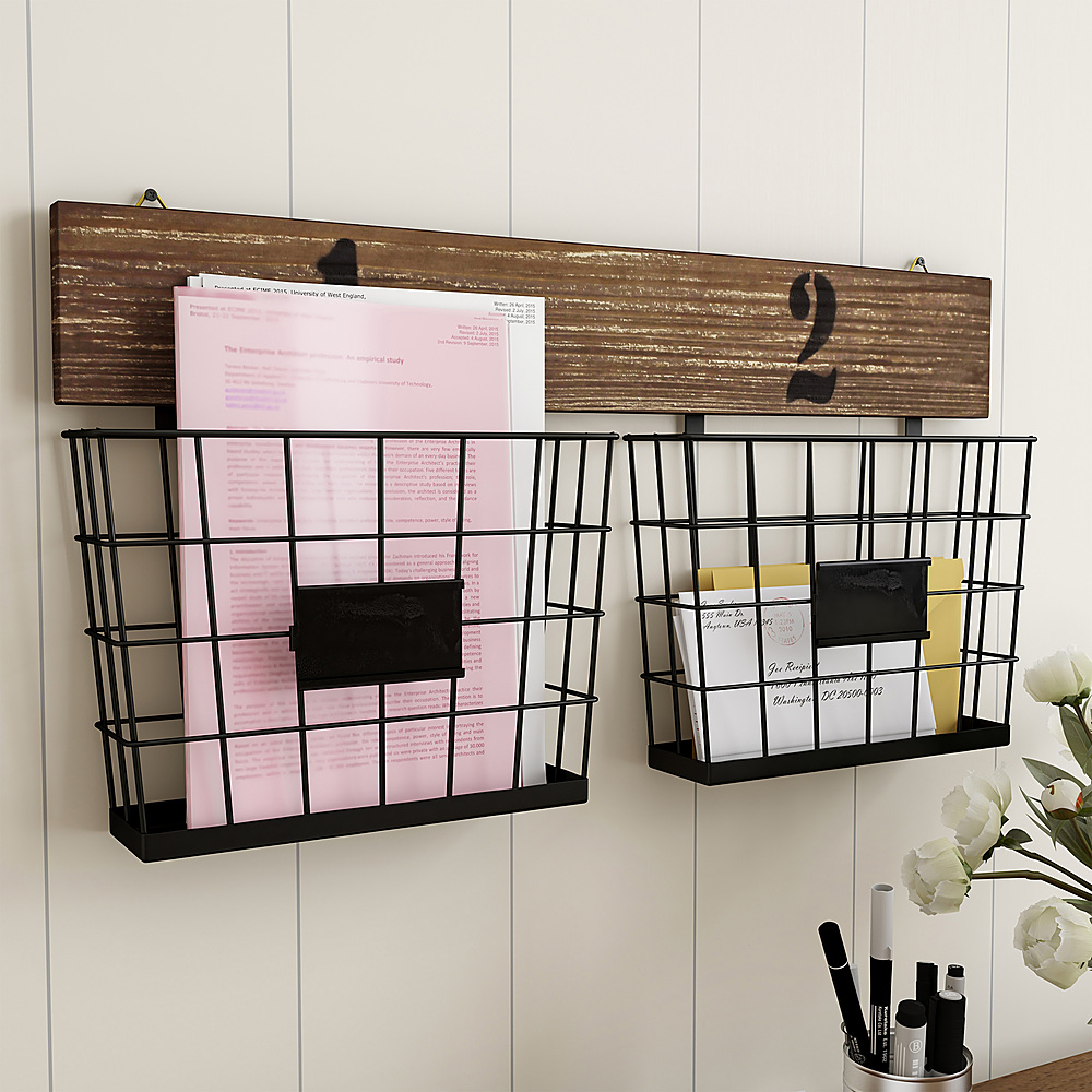 Hastings Home - Hanging Double Wire Basket Organizer- Wall Mount Storage, Rustic Style Multi-Use Bins for Entryway, Office & Home Decor - Black