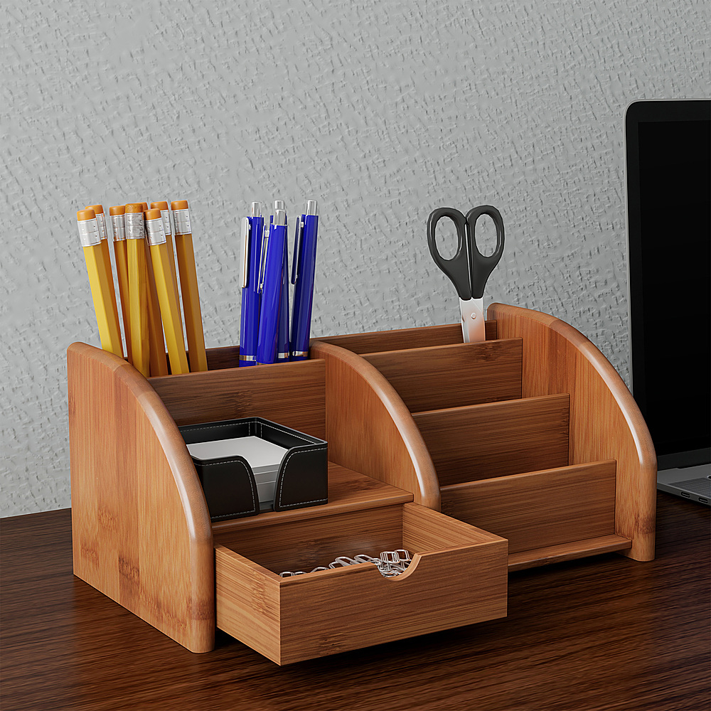 Hastings Home Bamboo Desk Organizer- 5 Compartment Tray in Natural Wood - Bamboo