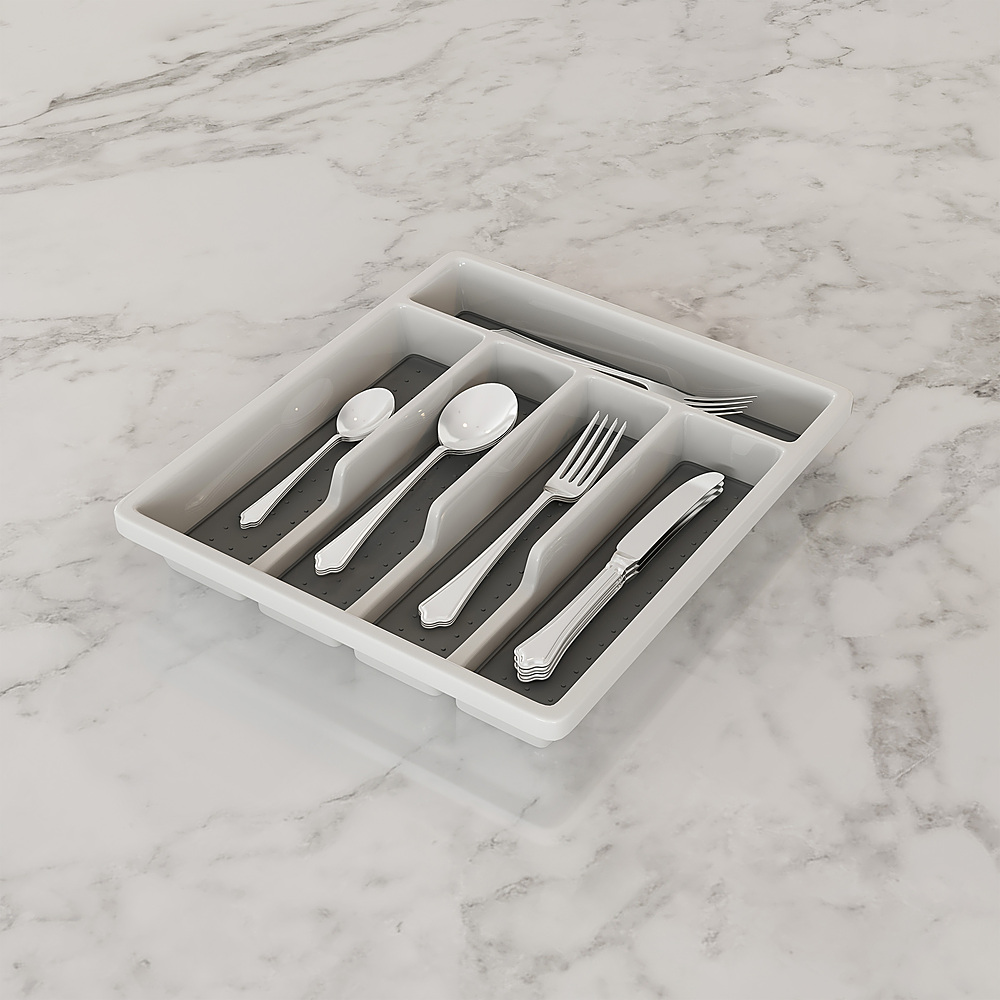Hastings Home - Silverware Organizer – 5 Compartment Plastic Flatware, Cutlery and Utensil Drawer Storage - White and Gray