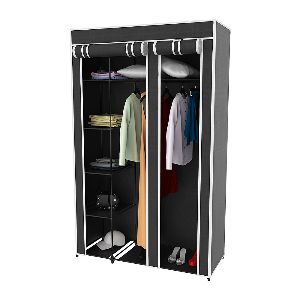 Hastings Home - Wardrobe Closet Organizer with Dust Cover – Free Standing Vertical Armoire, Non-Woven Fabric Cover and Metal Frame - Black