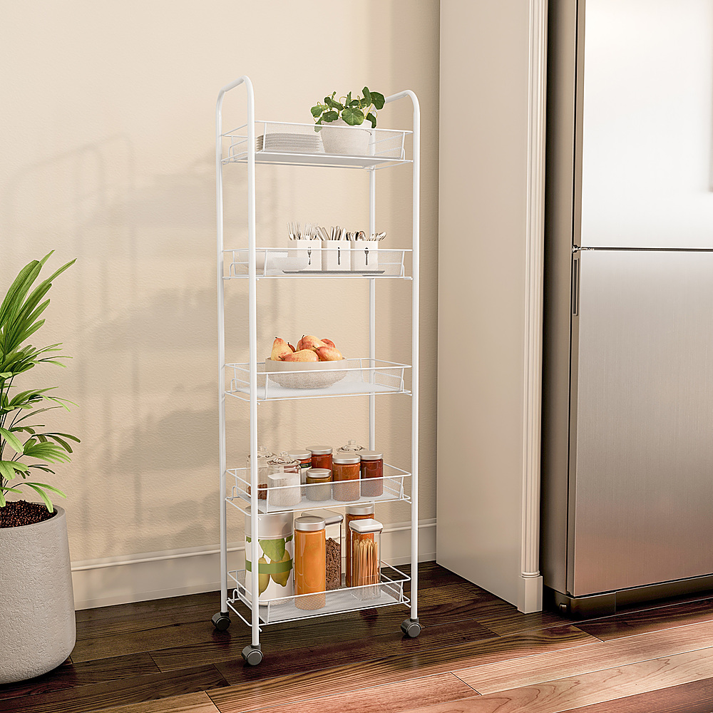 Hastings Home - 5-Tiered Narrow Rolling Storage Shelves - Mobile Space Saving Utility Organizer Cart - White