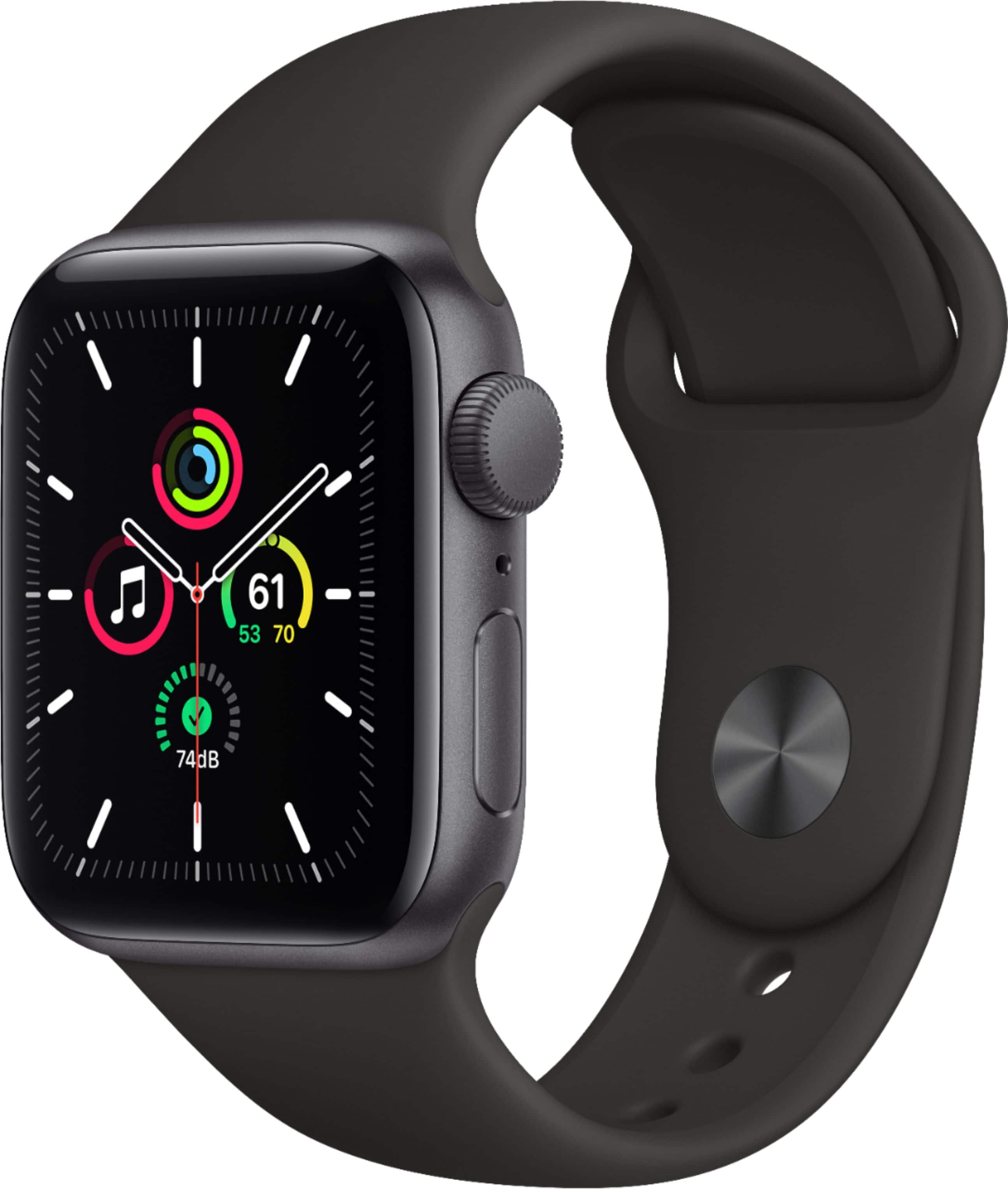 Front. Apple - Geek Squad Certified Refurbished Apple Watch SE (1st Generation, GPS) 40mm Aluminum Case with Black Sport Band.
