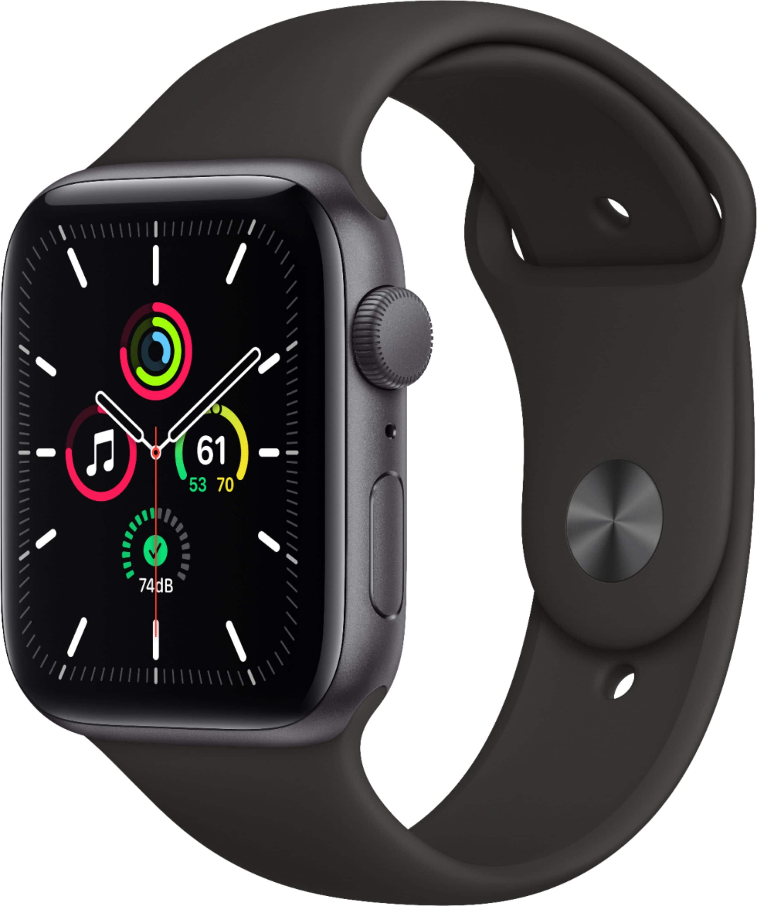 Geek Squad Certified Refurbished Apple Watch SE (GPS) 44mm Aluminum Case with Black Sport Band - Space Gray - (2020) - Front_Zoom