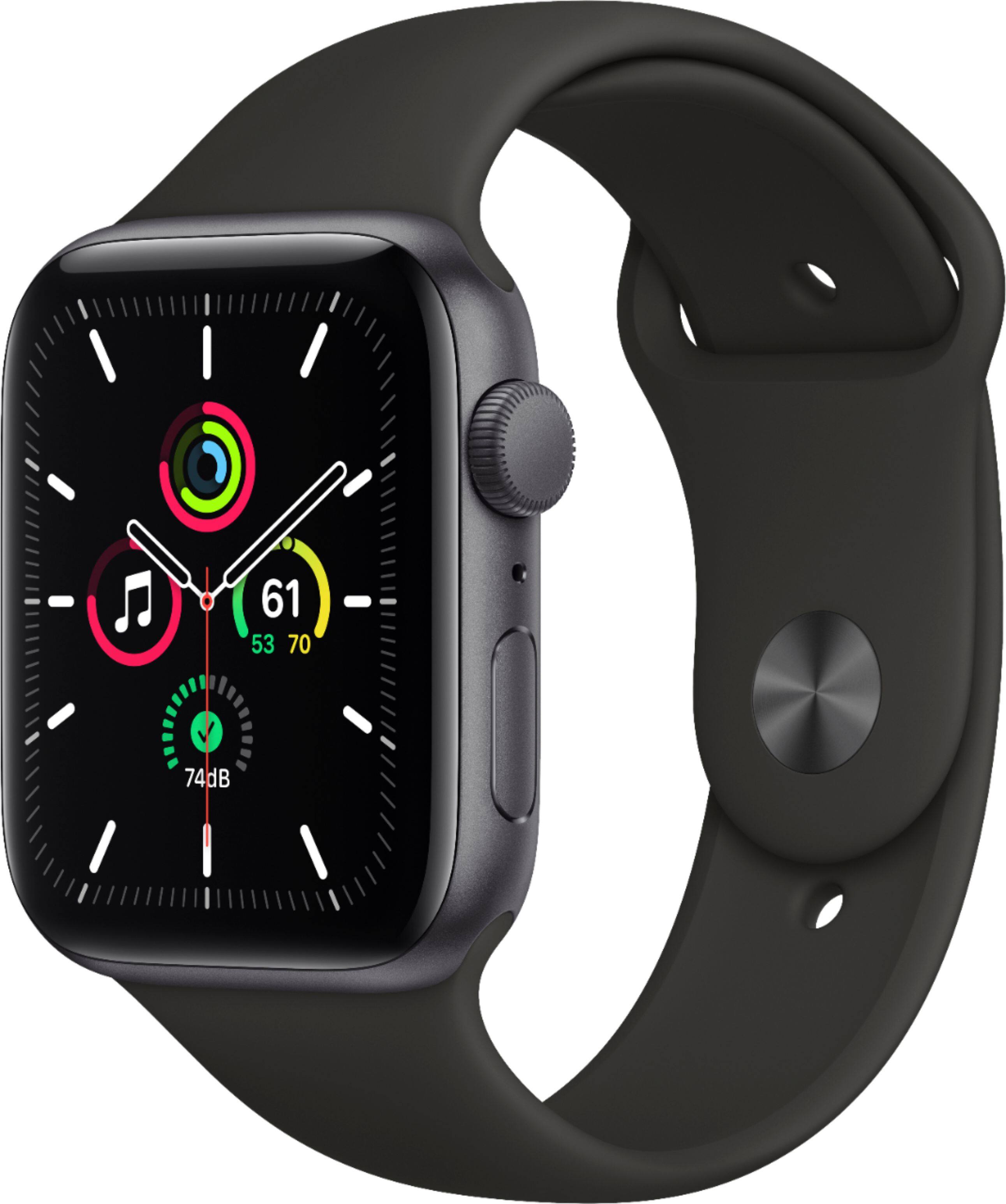 Front. Apple - Geek Squad Certified Refurbished Apple Watch SE (1st Generation, GPS) 44mm Aluminum Case with Black Sport Band.