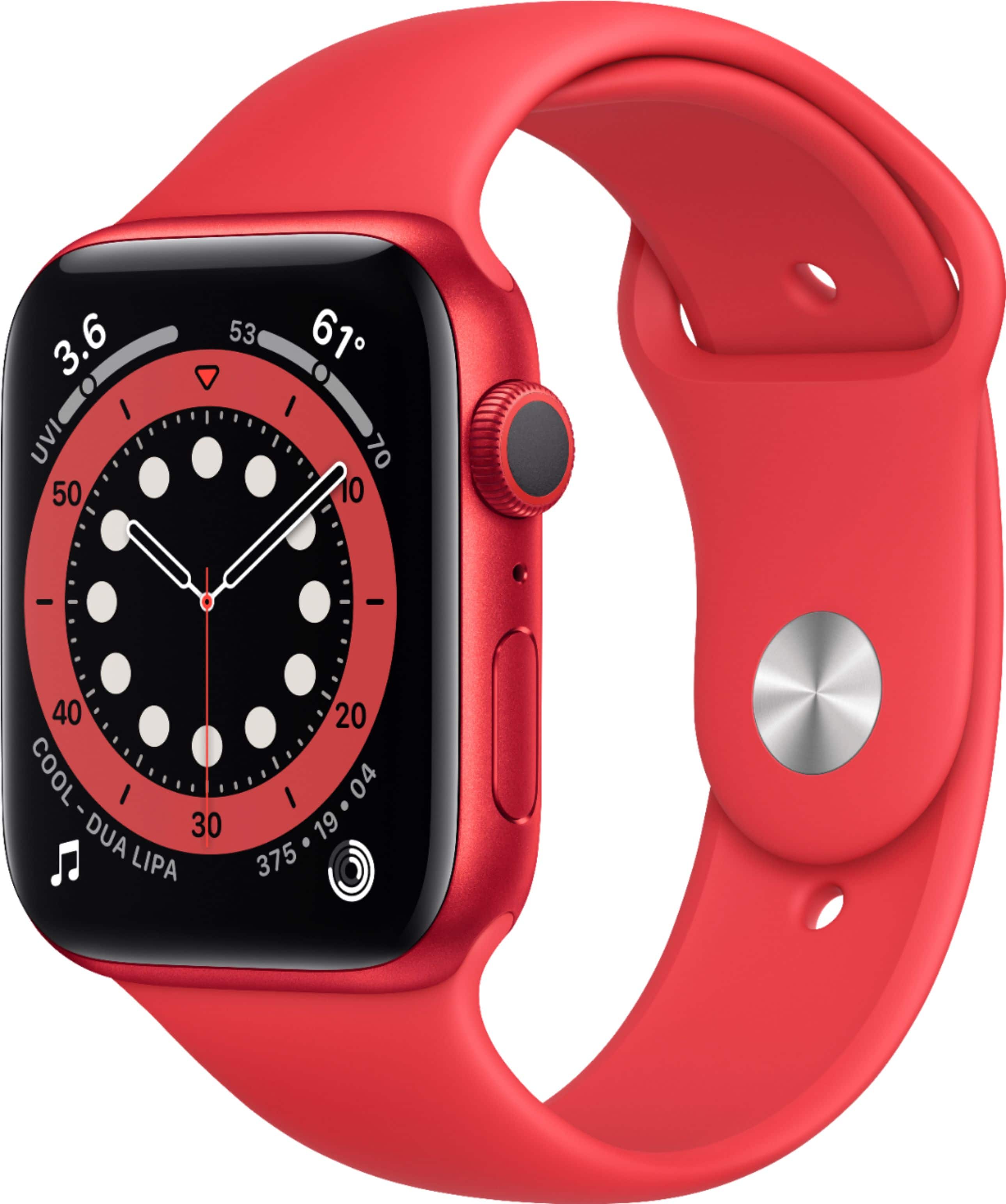 Front. Apple - Geek Squad Certified Refurbished Apple Watch Series 6 (GPS) 44mm (PRODUCT)RED Aluminum Case with (PRODUCT)RED Sport Band.