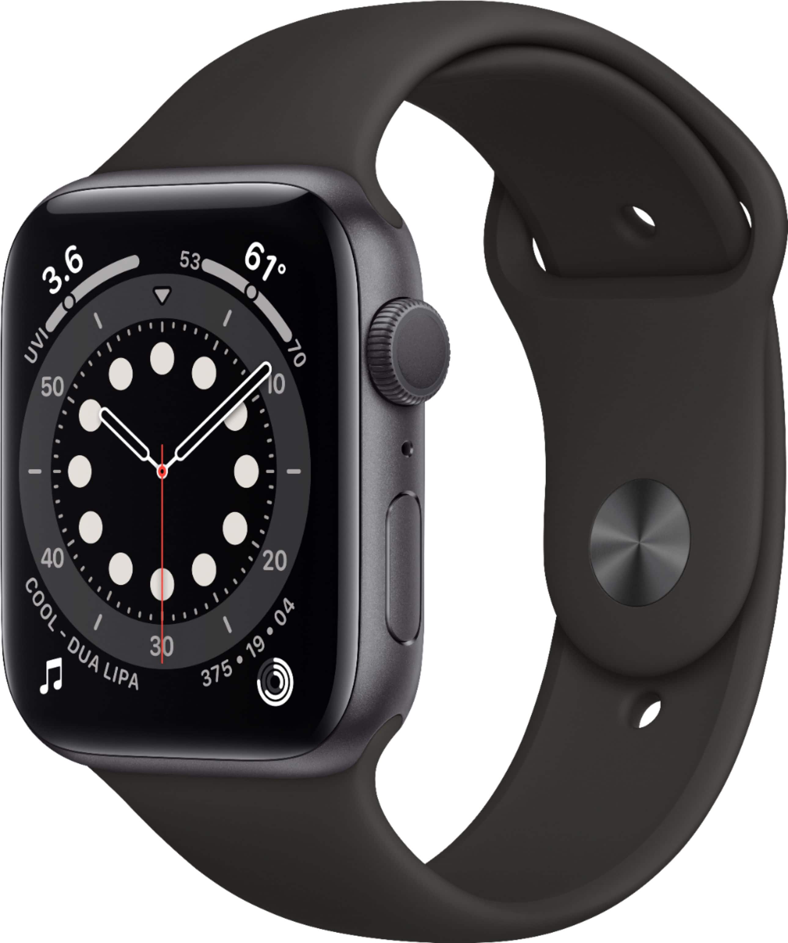Front. Apple - Geek Squad Certified Refurbished Apple Watch Series 6 (GPS) 44mm Aluminum Case with Black Sport Band.