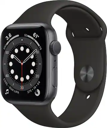 Front. Apple - Geek Squad Certified Refurbished Apple Watch Series 6 (GPS) 44mm Aluminum Case with Black Sport Band.