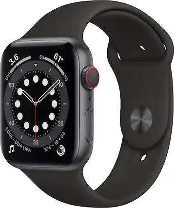 Front. Apple - Geek Squad Certified Refurbished Apple Watch Series 6 (GPS + Cellular) 44mm Aluminum Case with Sport Band - Space Gray.