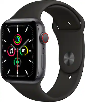 Front. Apple - Geek Squad Certified Refurbished Apple Watch SE (GPS + Cellular) 44mm Aluminum Case with Black Sport Band - Space Gray.