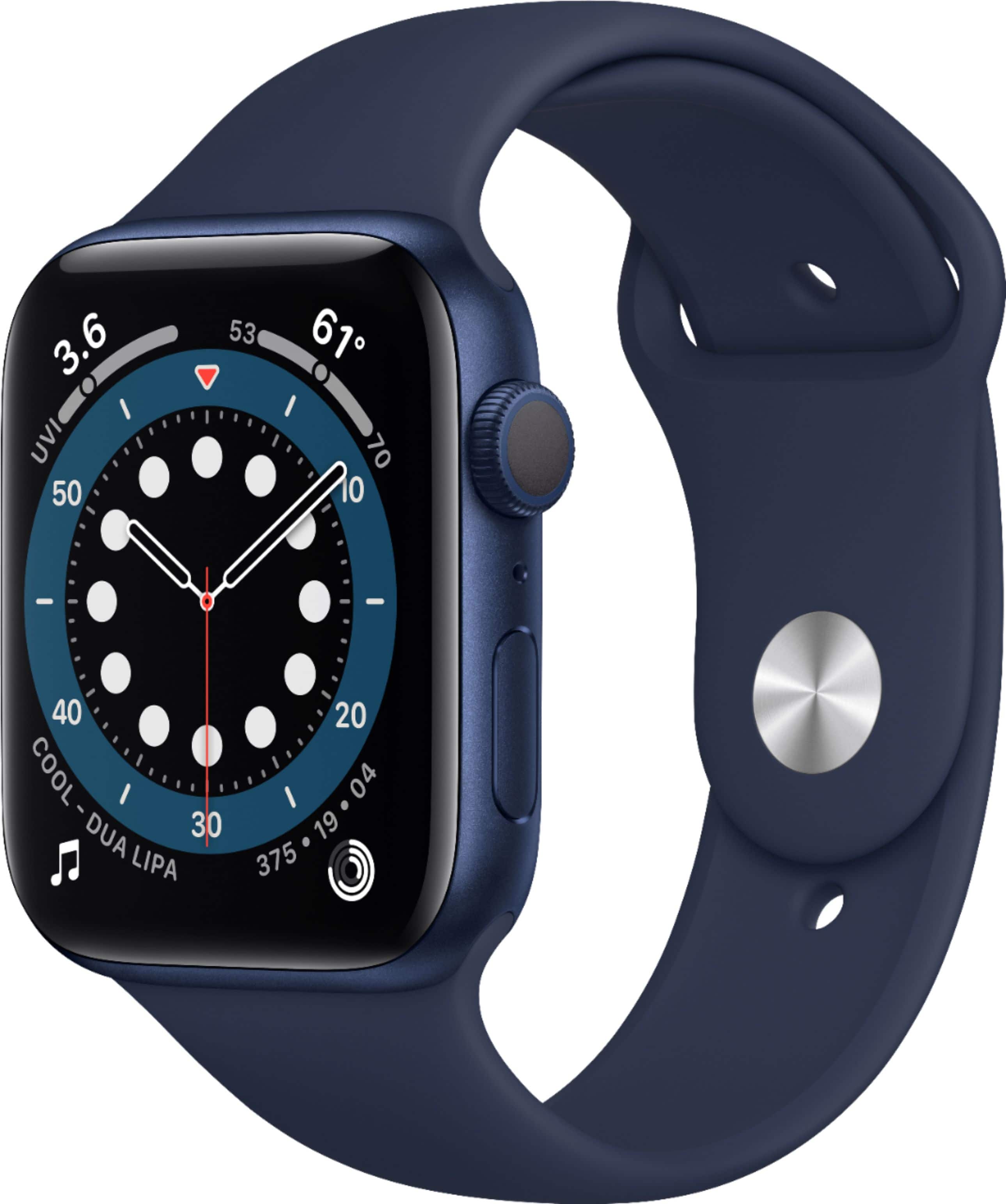 Geek Squad Certified Refurbished Apple Watch Series 6 (GPS) 44mm Aluminum Case with Deep Navy Sport Band - Blue - (2020) - Front_Zoom