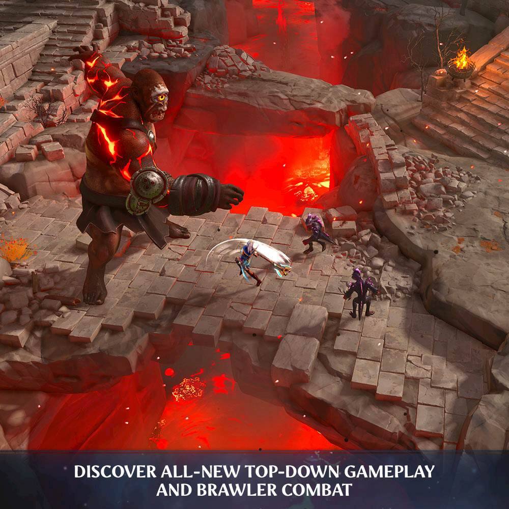 Discover all-new top-down gameplay and brawler combat in this exciting video game. The image showcases a group of characters, including a giant monster, fighting in a fiery pit. The game offers a unique blend of action and strategy, with players controlling characters to engage in intense battles. The top-down perspective allows for a more immersive experience, as players can see the entire battlefield and make strategic decisions accordingly. The brawler combat aspect adds an extra layer of excitement, as players can use various abilities and weapons to outmaneuver their opponents. Overall, this game offers a thrilling and engaging experience for gamers who enjoy action-packed gameplay with strategic elements.