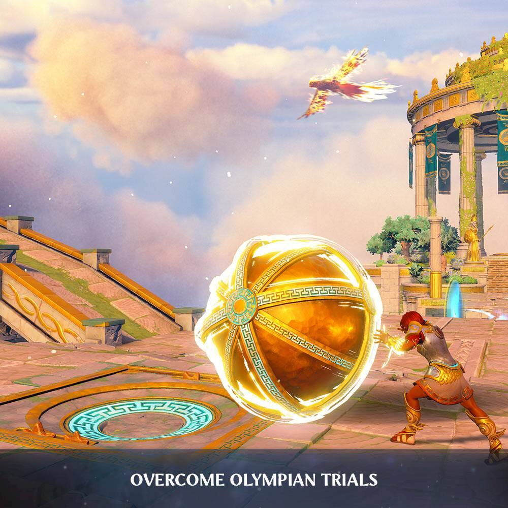 The image features a man holding a large golden ball, possibly representing the Olympic flame, with a bird flying in the background. The man is standing on a platform, and there is a statue nearby. The scene suggests that the man is participating in the Olympic Games, showcasing his strength and determination. The image conveys a sense of triumph and achievement, as the man overcomes the challenges of the Olympic trials.