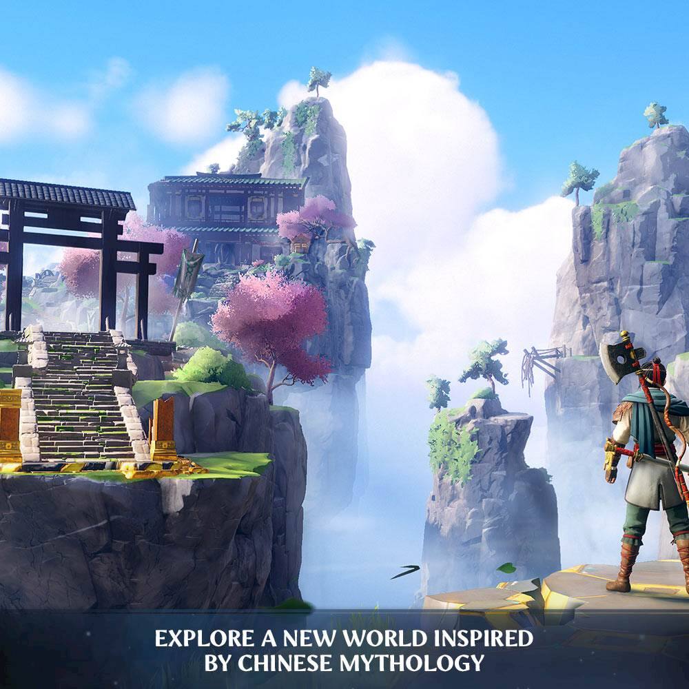The image features a man standing on a rocky cliff with a large mountain in the background. The scene is reminiscent of a Chinese mythological setting, possibly inspired by Chinese mythology. The man is holding a weapon, possibly a sword or a bow, and appears to be ready for action. The overall atmosphere of the image suggests an adventure in a new world, exploring the rich and imaginative world of Chinese mythology.