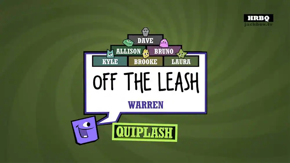 The largest text in the image reads "Off the Leash." The other text is "Warren Quiplash."