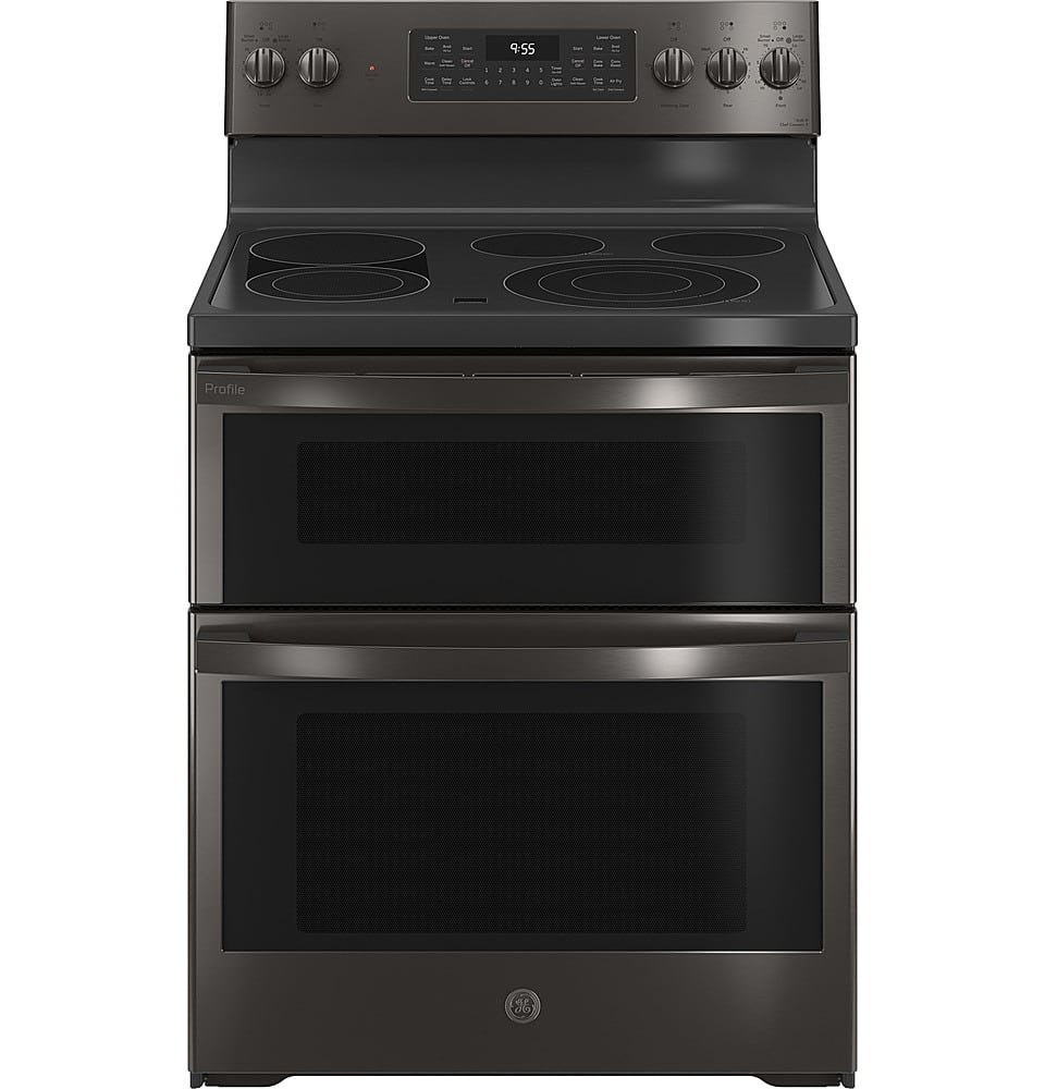 Front. GE Profile - 6.6 Cu. Ft. Freestanding Double Oven Electric True Convection Range with No Preheat Air Fry and Wi-Fi - Black Stainless Steel.