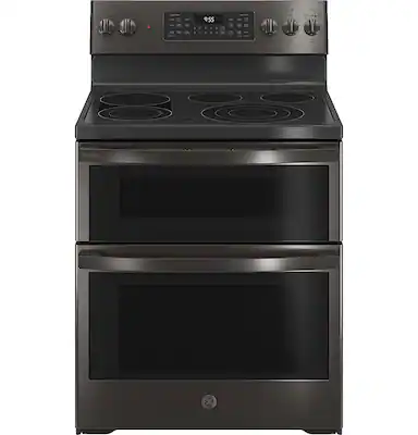 Front. GE Profile - 6.6 Cu. Ft. Freestanding Double Oven Electric True Convection Range with No Preheat Air Fry and Wi-Fi - Black Stainless Steel.