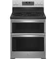 GE Profile - 30" Wide 5 Elements 6.6 Cu. Ft. Freestanding Double Oven Electric True Convection Range w/ No Preheat Air Fry and Wi-Fi - Stainless Steel