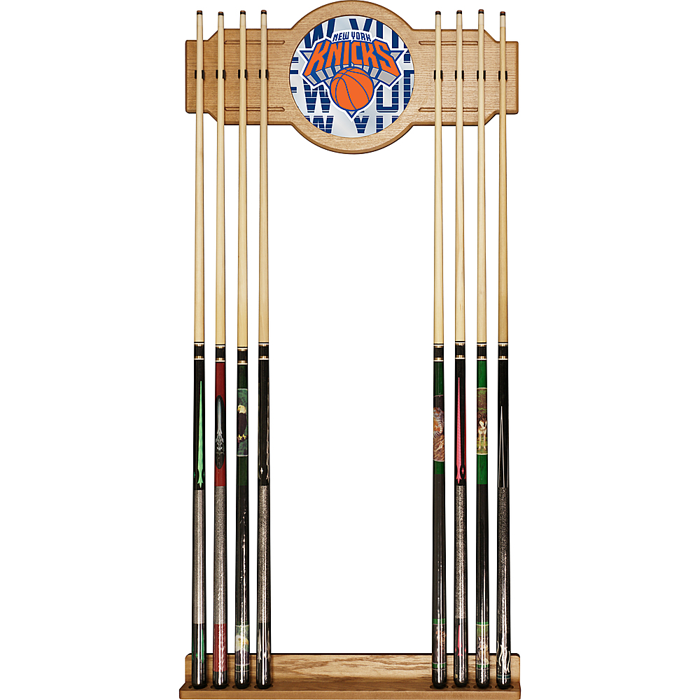 New York Knicks NBA City Stained Wood Cue Rack with Mirror - Blue, Orange, Silver