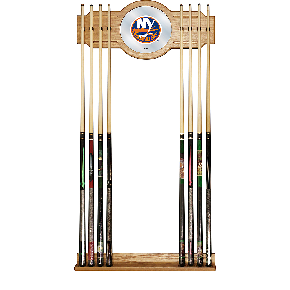 New York Islanders NHL Stained Wood Cue Rack with Mirror - Blue, Orange, White