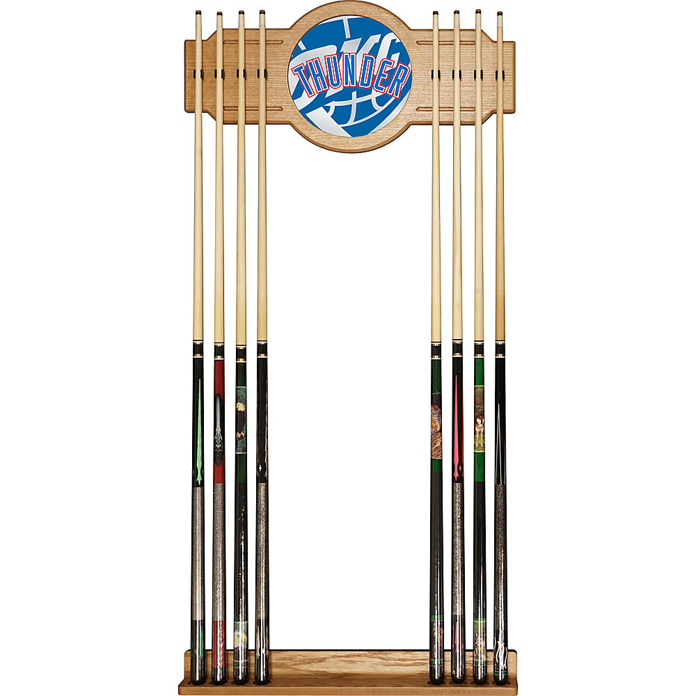 Oklahoma City Thunder NBA Fade Stained Wood Cue Rack with Mirror - Blue, Red, White