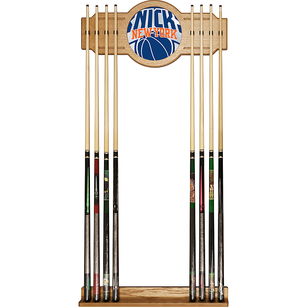New York Knicks NBA Fade Stained Wood Cue Rack with Mirror - Blue, Orange, White