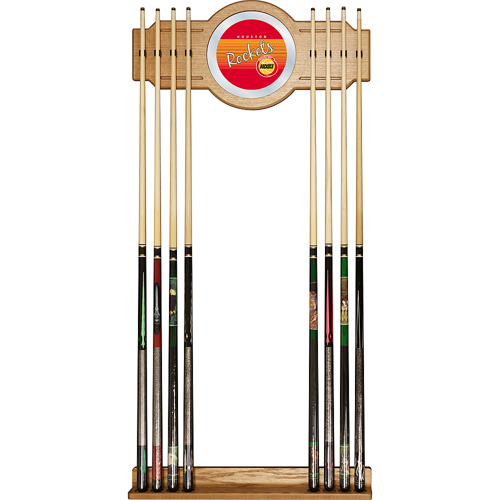 Houston Rockets NBA Hardwood Classics Stained Wood Cue Rack with Mirror - Red, Yelow, Black