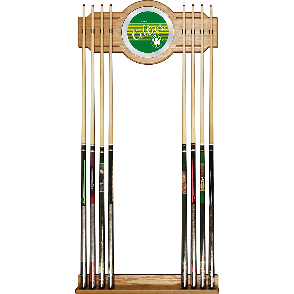 Boston Celtics NBA Hardwood Classics Stained Wood Cue Rack with Mirror - Green, Yellow, White