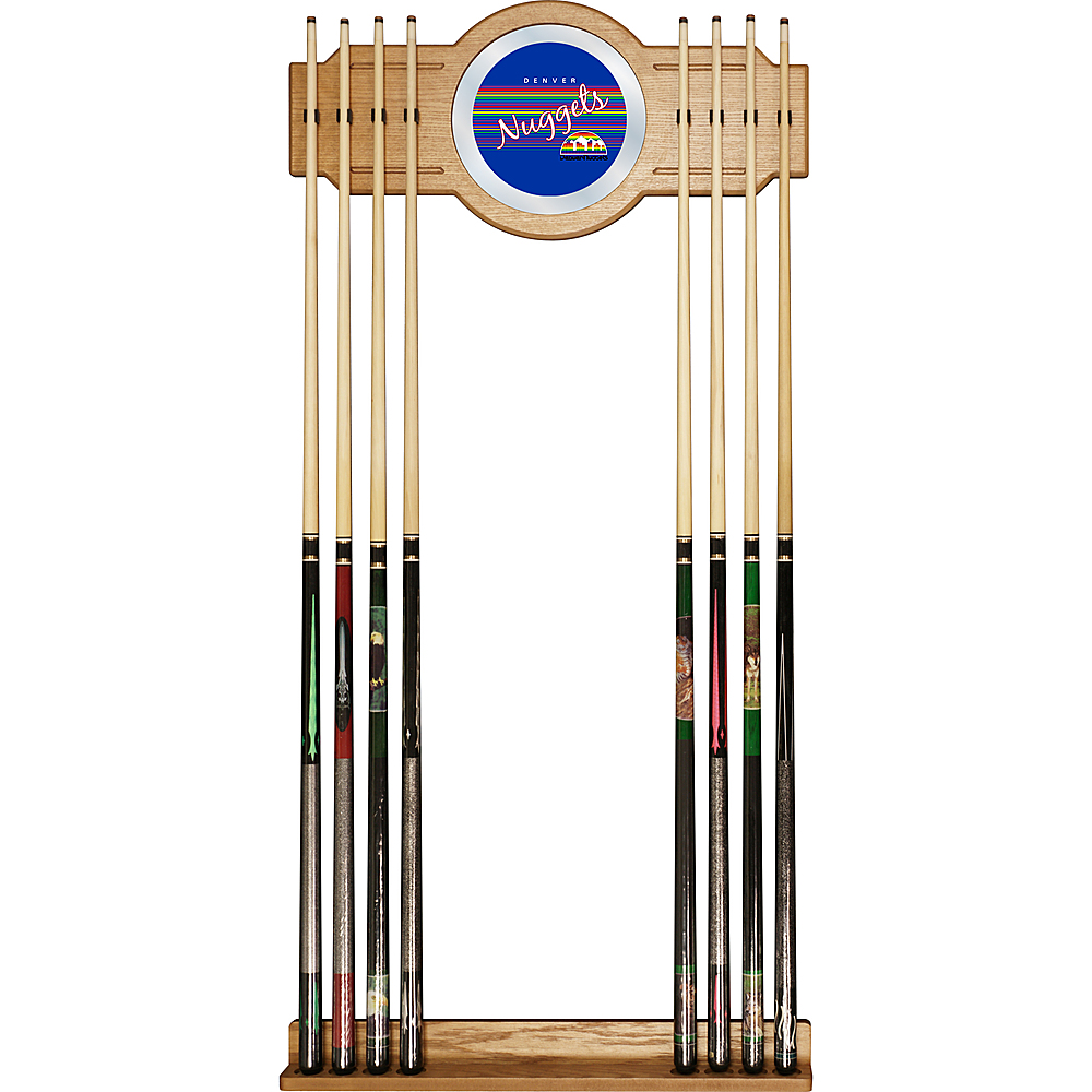 Denver Nuggets NBA Hardwood Classics Stained Wood Cue Rack with Mirror - Blue, Red, Yellow, White