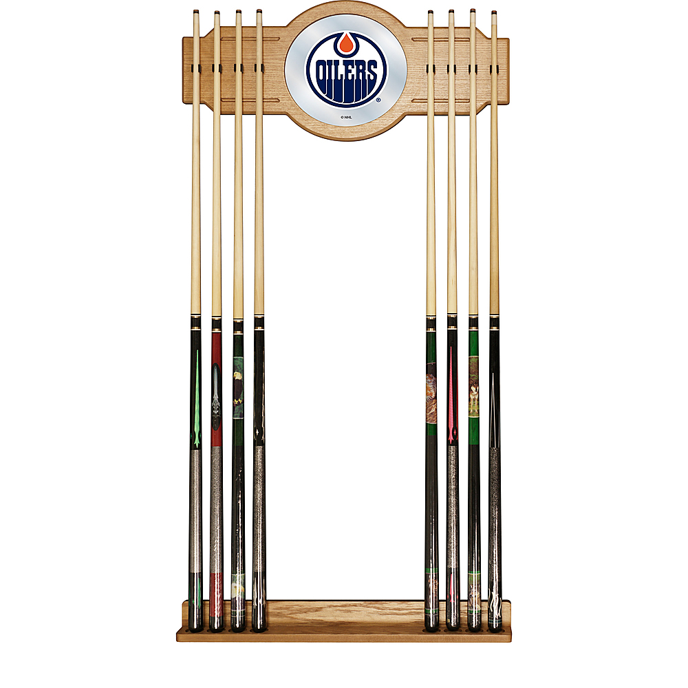 Edmonton Oilers NHL Stained Wood Cue Rack with Mirror - Royal Blue, Orange, White