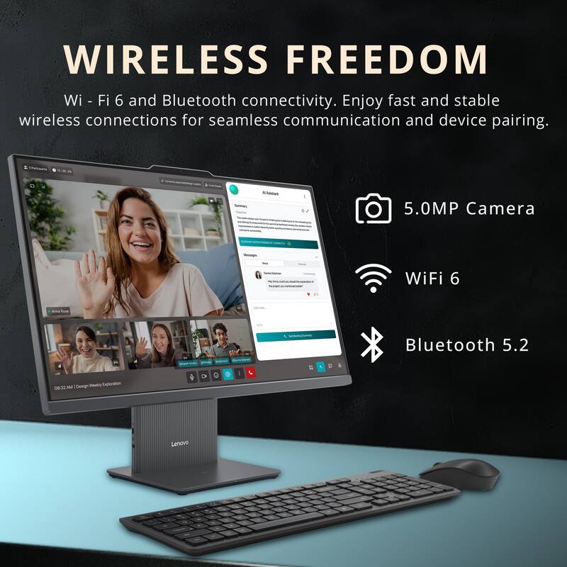 WIRELESS FREEDOM  
Wi-Fi 6 and Bluetooth connectivity. Enjoy fast and stable wireless connections for seamless communication and device pairing.  

5.0MP Camera  
WiFi 6  
Bluetooth 5.2  

Lenovo