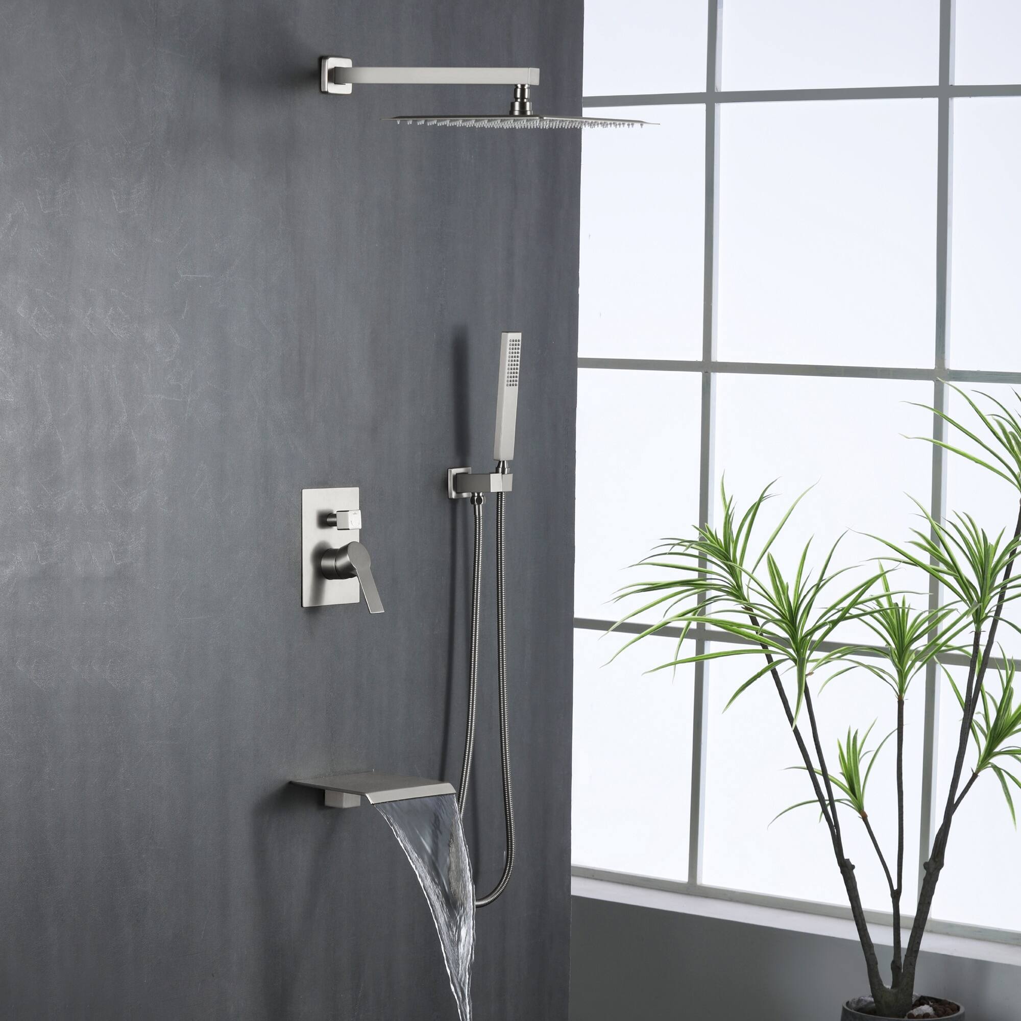 Alt View 3. Boyel Living - Brushed Nickel 12-Inch Rain Shower System Brass SUS304 3-Function Valve Waterfall Spout cUPC - Brushed Nickel.