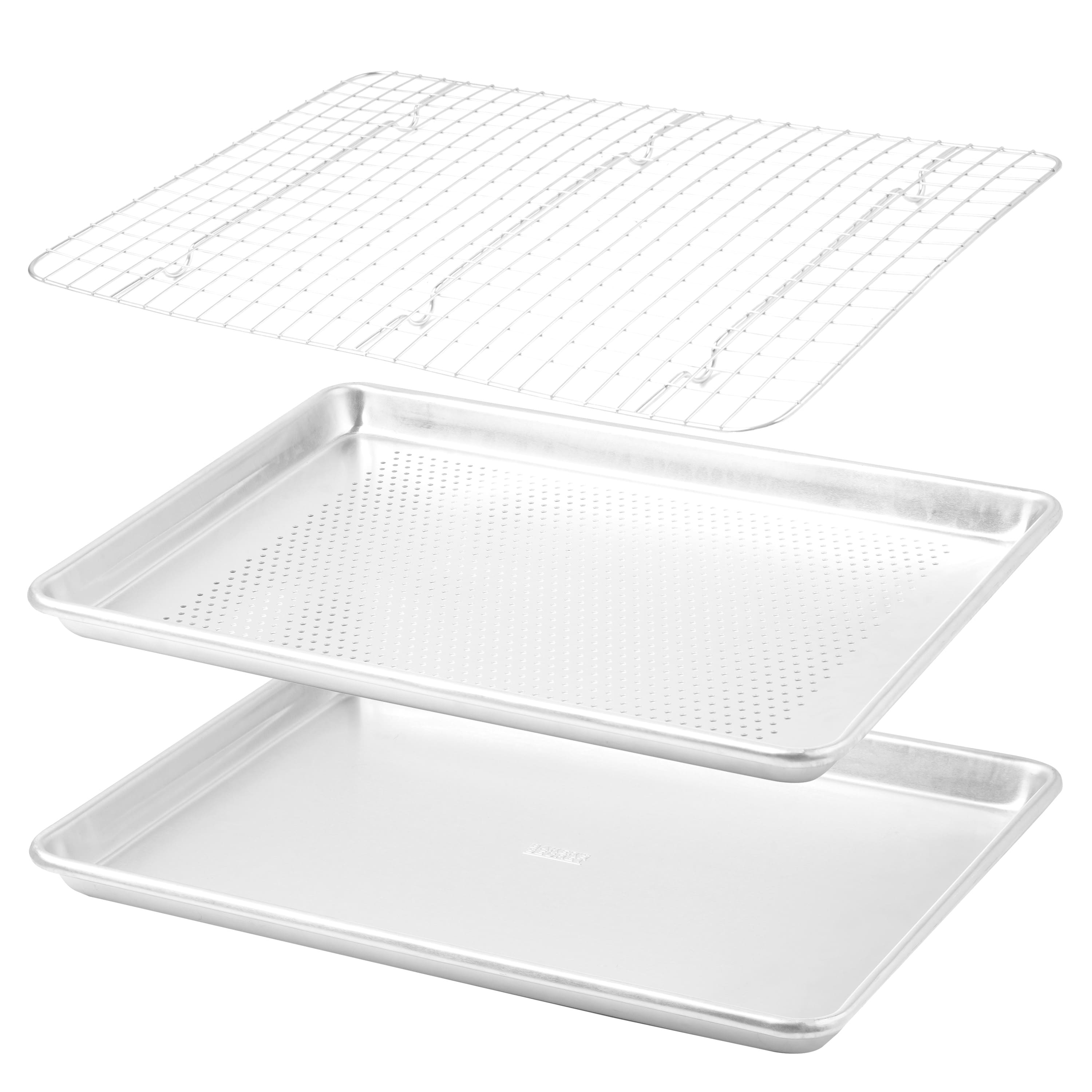 Baker's Secret - Baking Sheet with Rack Pure Aluminum 3pcs Bakeware Set Baking Pans Cookie Sheets 18" - Silver